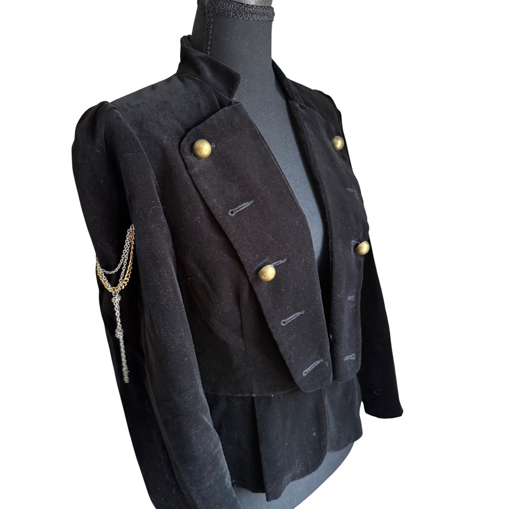 Y2K View Collection NY Black Velvet Military Blazer Gold Buttons Chain Small